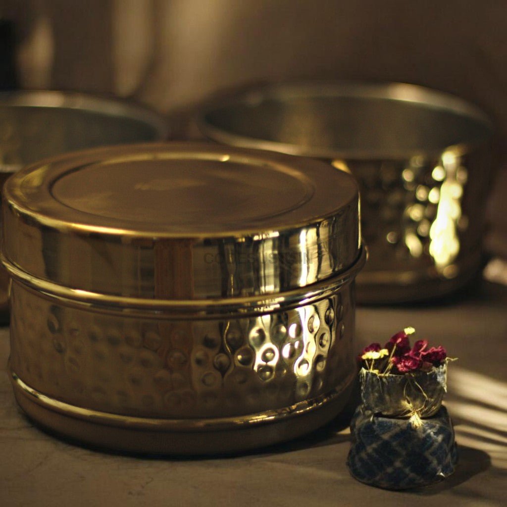 Handmade Hammered Brass 3-Tier Lunch Box (Traditional Tiffin Carrier) - Royalstuffs.com
