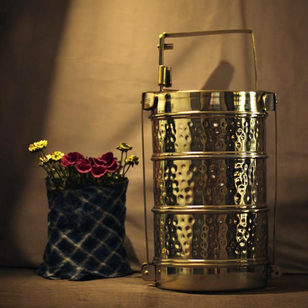 Handmade Hammered Brass 3-Tier Lunch Box (Traditional Tiffin Carrier) - Royalstuffs.com