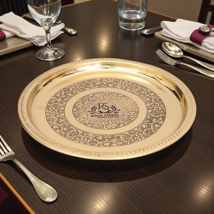 Handmade Pure Brass Plate Dish Embossed Design Round Shape Plate - Royalstuffs.com