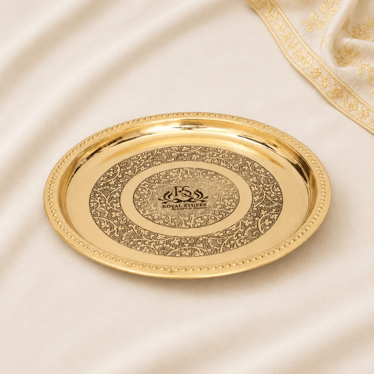 Handmade Pure Brass Plate Dish Embossed Design Round Shape Plate - Royalstuffs.com