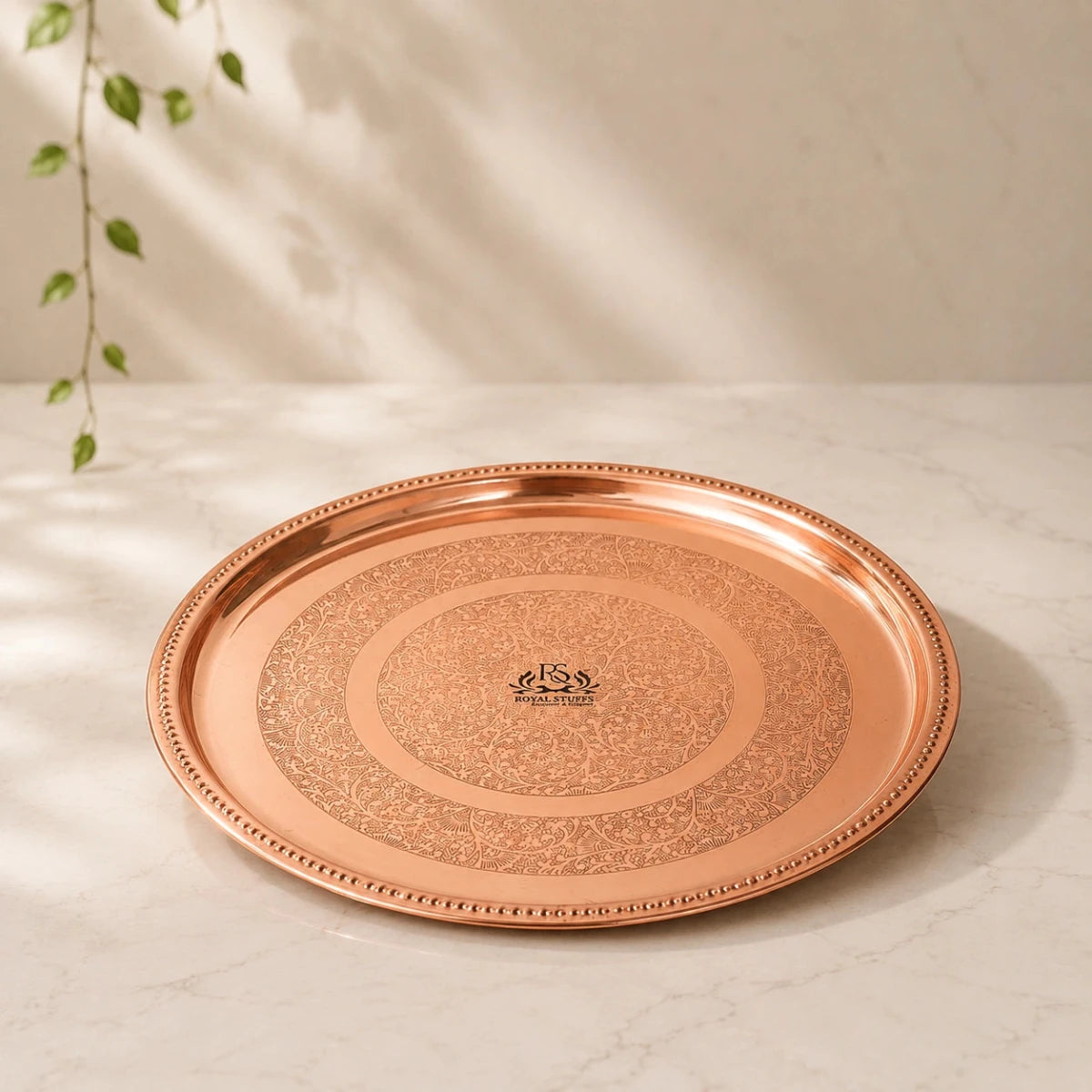 Handmade Pure Copper Plate 12 INCH Dish Embossed Design Round Shape Plate - Royalstuffs.com