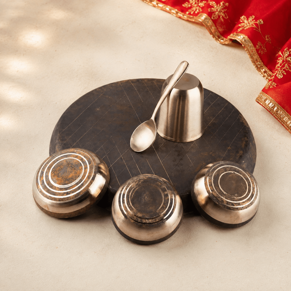 Handmade Pure Kansa Thali Set (6 Pieces) | Traditional Bronze Dinnerware by RoyalStuffs.com - Royalstuffs.com