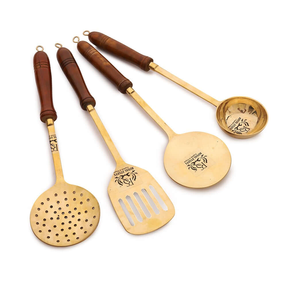 Handmade Traditional Brass Ladles and Spatula Cooking Set (Set-of-4) - Royalstuffs.com