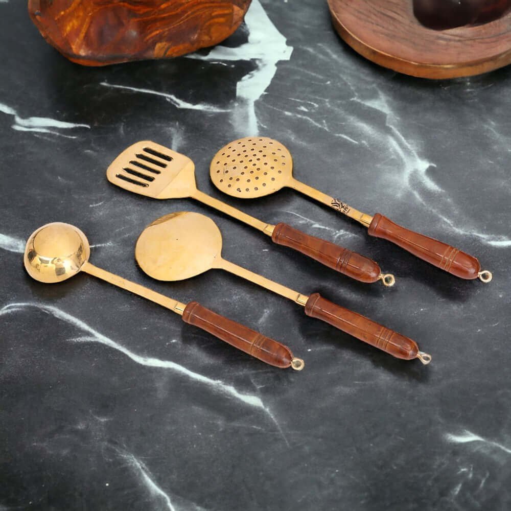 Handmade Traditional Brass Ladles and Spatula Cooking Set (Set-of-4) - Royalstuffs.com