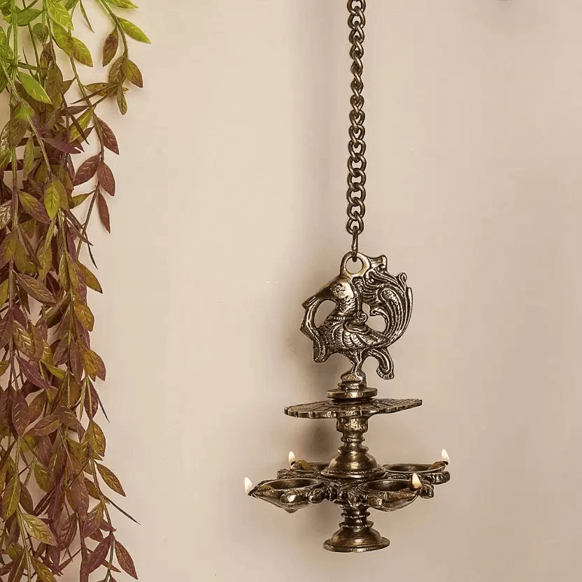 Hanging Bird Diya made in Brass with 4 Deepak- Antique Finish - Royalstuffs.com
