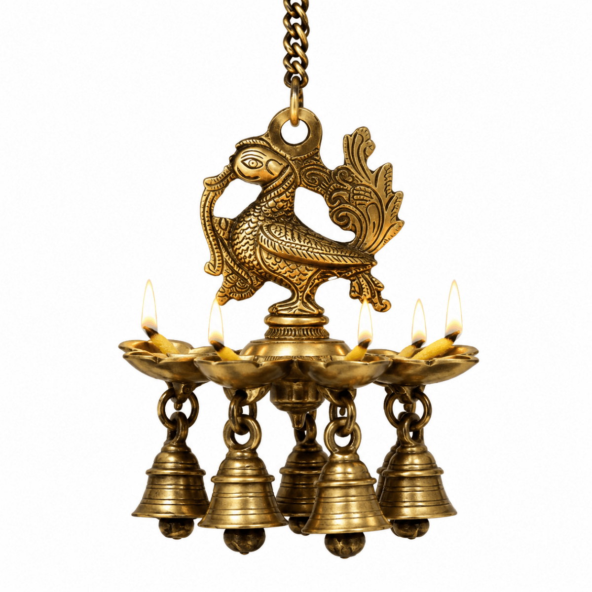Hanging Bird Diya made in Brass with 4 Deepak- Antique Finish - Royalstuffs.com