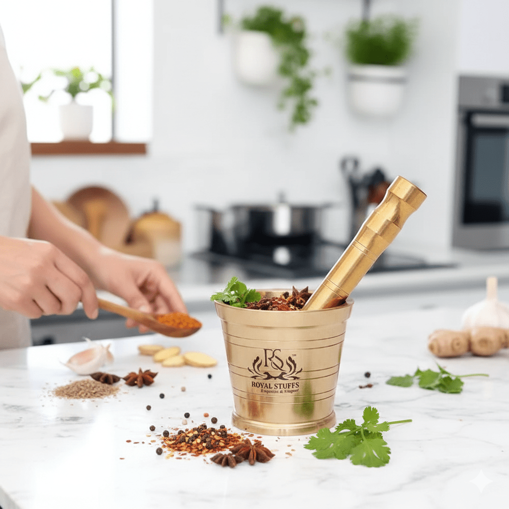 Heavy Brass Mortar Pestle Hand Smasher Kitchen Khalbatta Okhli Masher - Royalstuffs.com