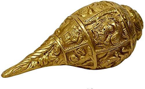Heavy Metal Brass Ganesha on Shankh (Golden, 1 KG) - Royalstuffs.com