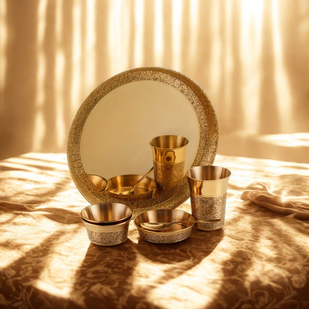 Heritage Pure Brass Dinner Set with Thali – 6 Pcs - Royalstuffs.com