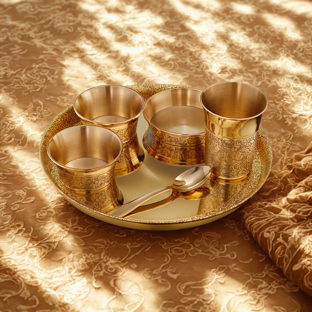 Heritage Pure Brass Dinner Set with Thali – 6 Pcs - Royalstuffs.com