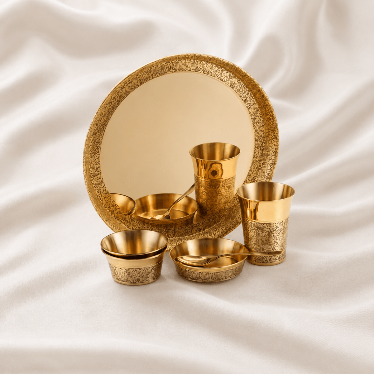 Heritage Pure Brass Dinner Set with Thali – 6 Pcs - Royalstuffs.com