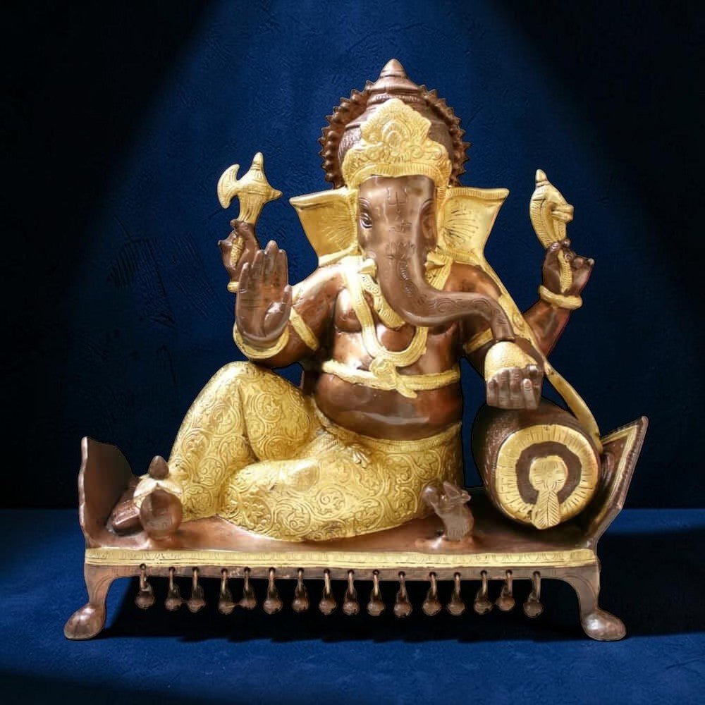 India Brass Lord Ganesha Sitting On Chowki, Height: 15" Weight:14.5 Kg - Royalstuffs.com