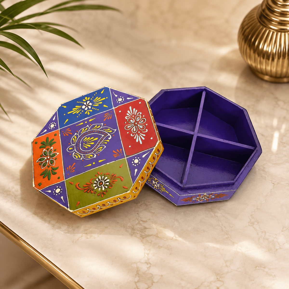 India Wooden Masala Dabba Spice Box with Beautiful Mughal Painting - Royalstuffs.com