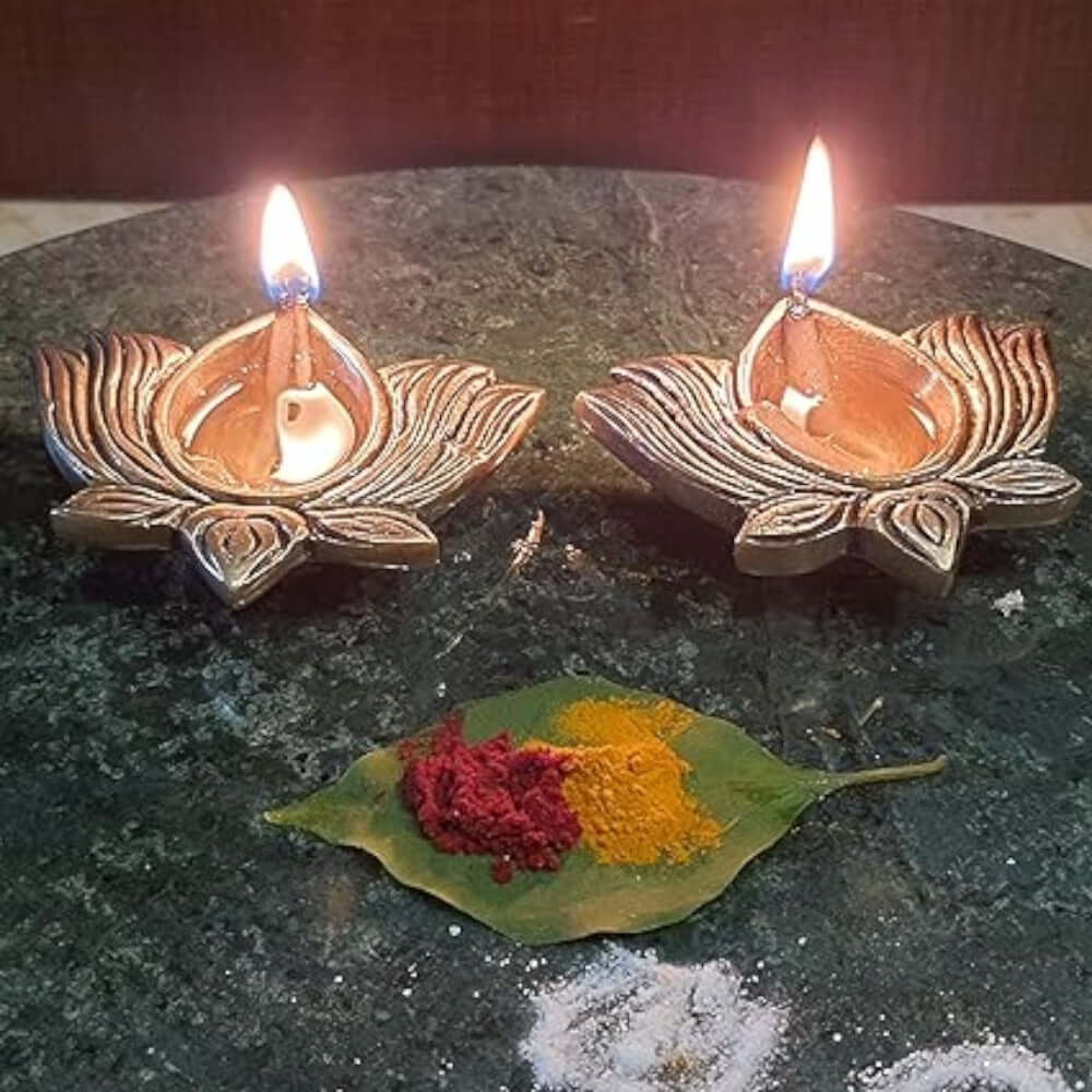 Traditional Brass Lotus Diya Set of 8 with Oil Lamps for Home Temple, Daily Worship and Festival Decoration