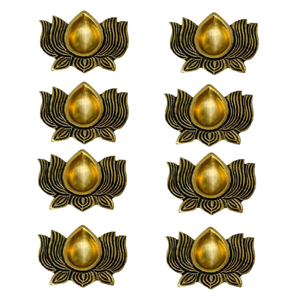 Handcrafted Brass Lotus Diya Set of 8 for Home Temple, Daily Pooja, Diwali Decoration and Spiritual Worship