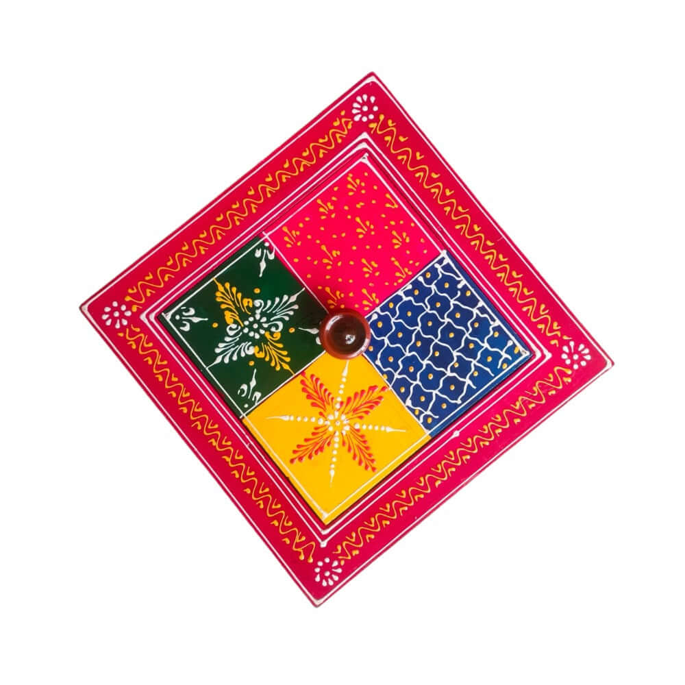Indian Dry Fruit Box Wooden, Handpainted Or Spices Box for Kitchen, Color : Multi , Size : L : 6 Inch, B : 8 Inch, H: 2.2 Inch - Royalstuffs.com