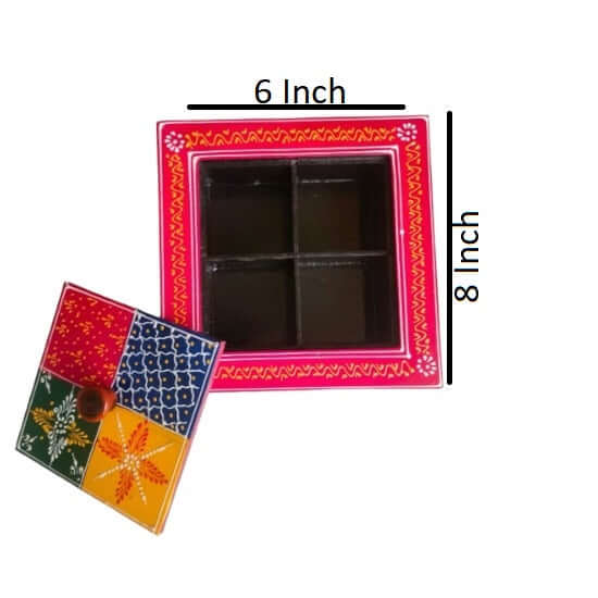 Indian Dry Fruit Box Wooden, Handpainted Or Spices Box for Kitchen, Color : Multi , Size : L : 6 Inch, B : 8 Inch, H: 2.2 Inch - Royalstuffs.com