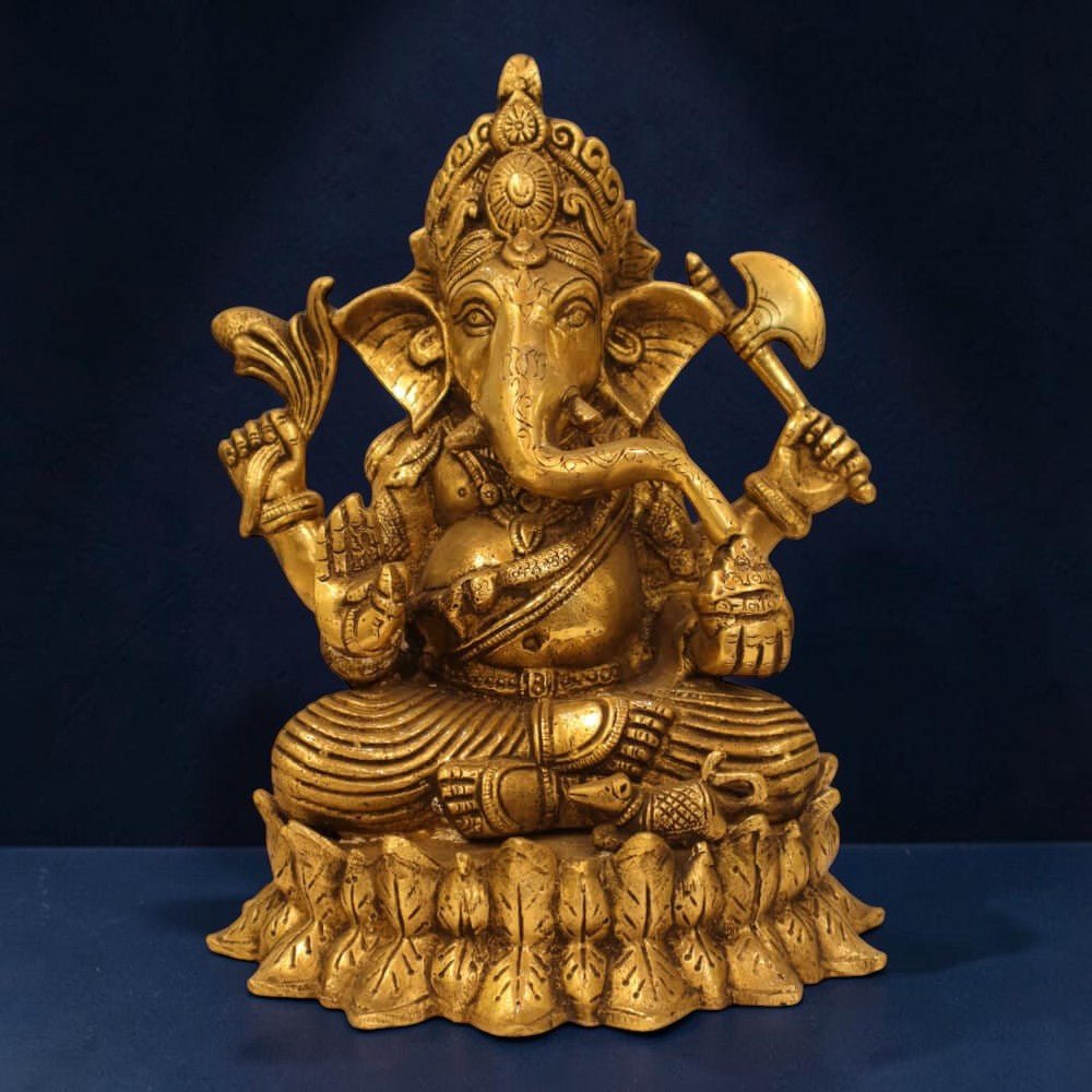 Indian Handmade Brass Antique Finish 10-Inch Lord Ganpati Murti on Lotus Base - 4.5 KG - Royalstuffs.com