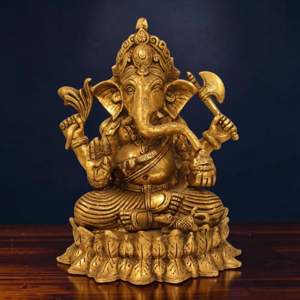 Indian Handmade Brass Antique Finish 10-Inch Lord Ganpati Murti on Lotus Base - 4.5 KG - Royalstuffs.com