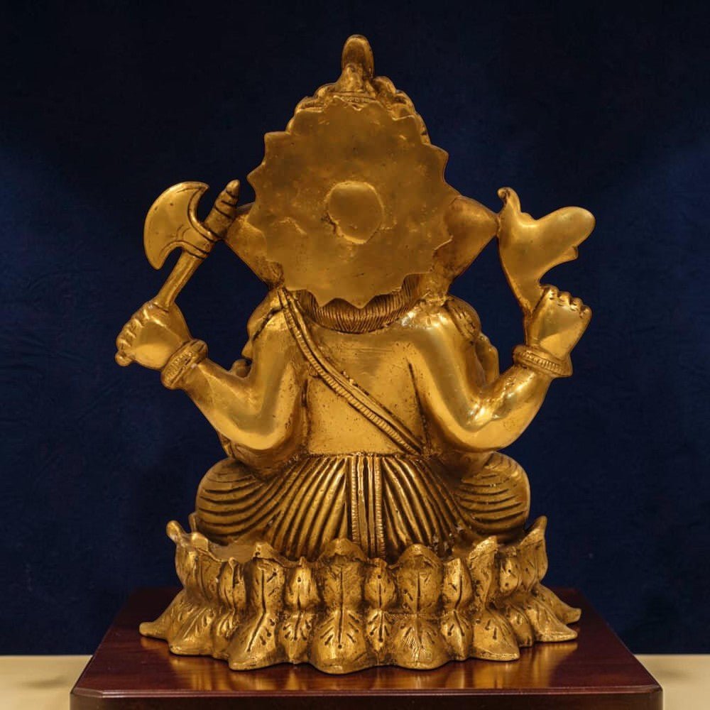 Indian Handmade Brass Antique Finish 10-Inch Lord Ganpati Murti on Lotus Base - 4.5 KG - Royalstuffs.com