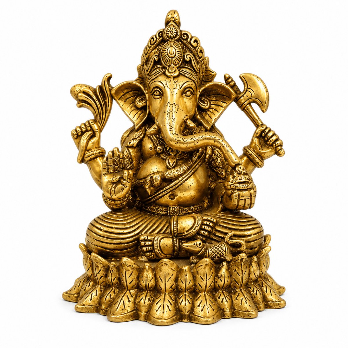 Indian Handmade Brass Antique Finish 10-Inch Lord Ganpati Murti on Lotus Base - 4.5 KG - Royalstuffs.com