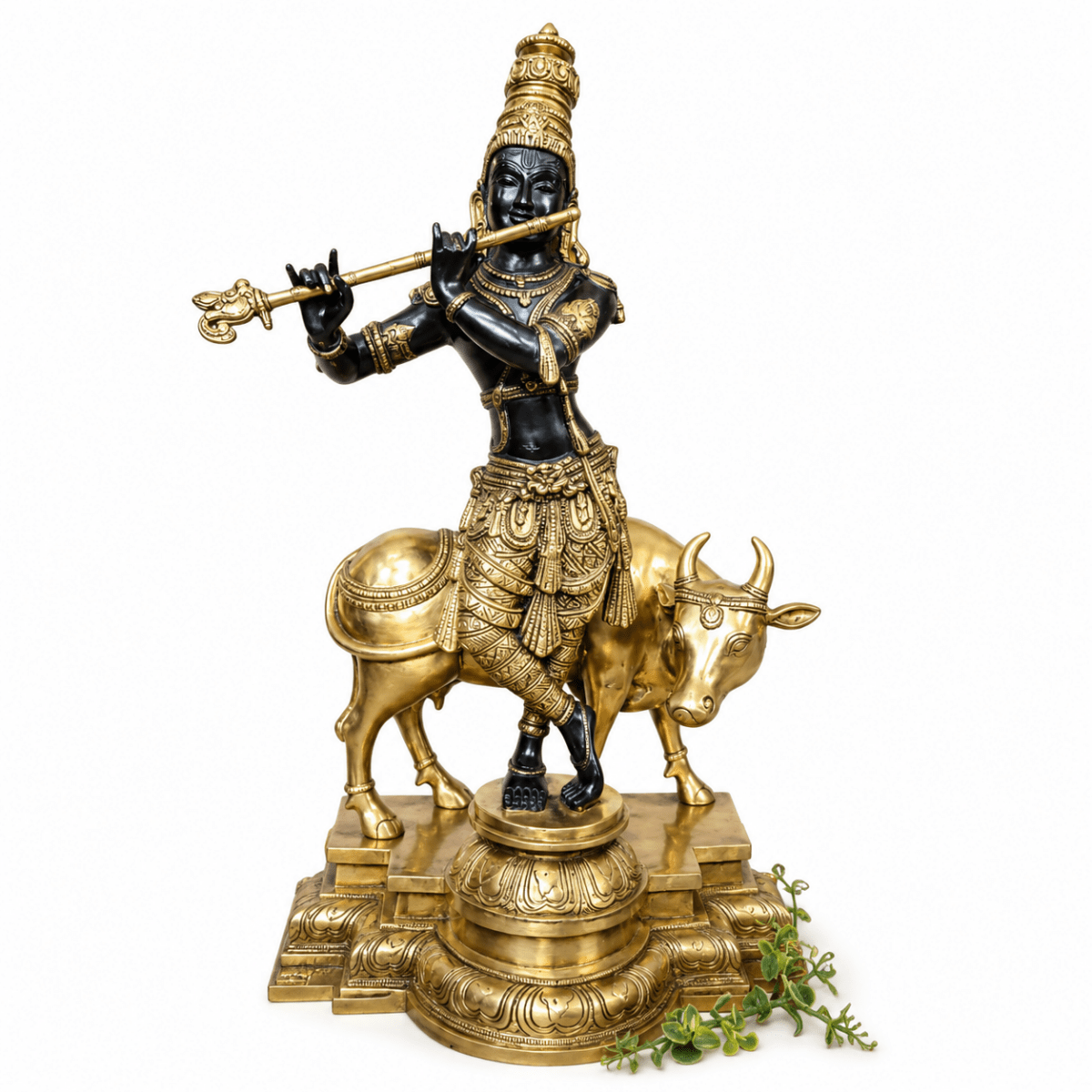 Large Brass Cow Krishna Idol – 25 Inch Standing Lord Krishna Statue | 23.5 Kg Brass Murti - Royalstuffs.com