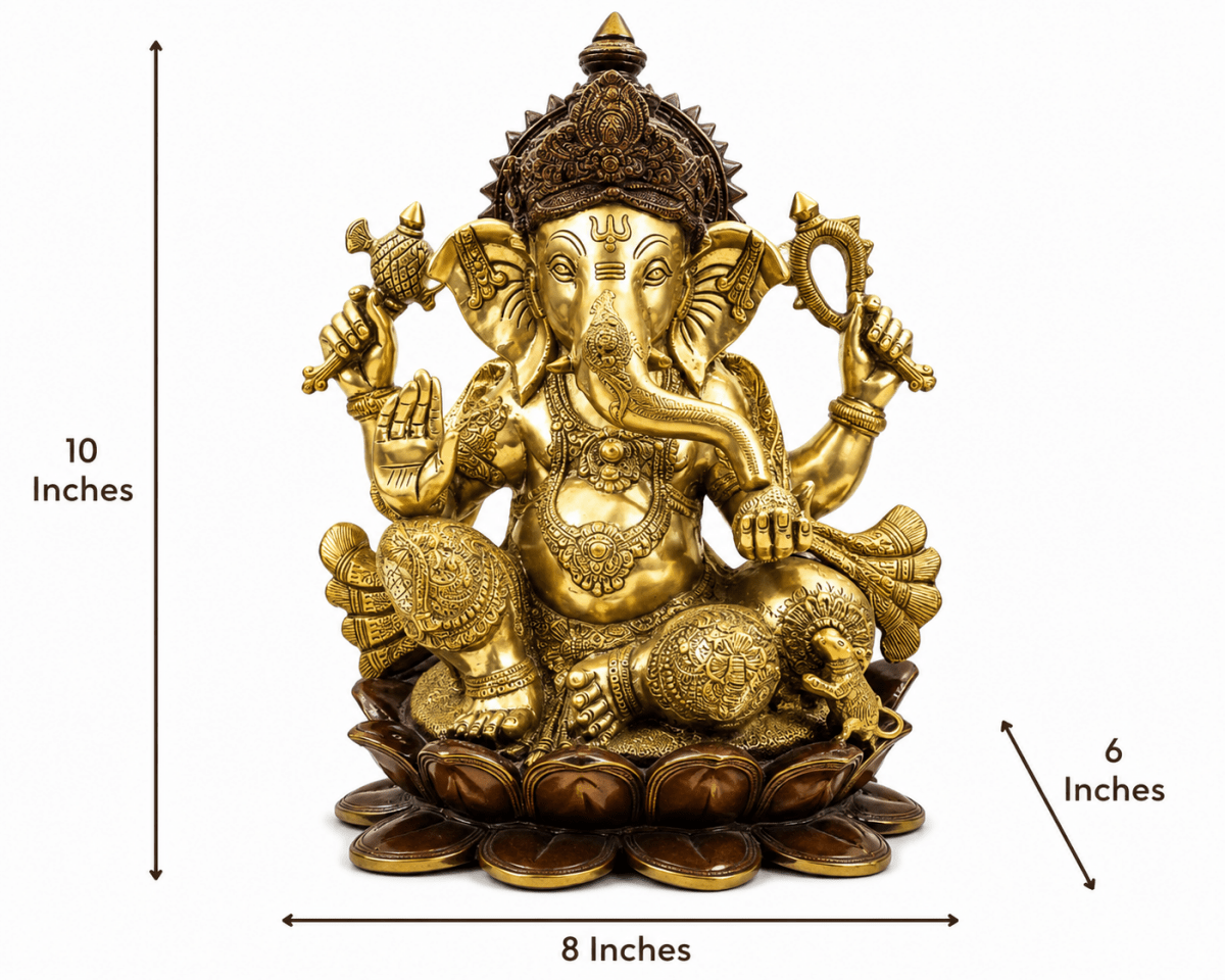 Large Brass Lord Ganesha Seated on Lotus Handmade in India - Exotic Triple Chola - Royalstuffs.com