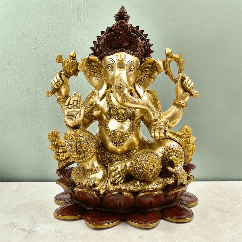 Large Brass Lord Ganesha Seated on Lotus Handmade in India - Exotic Triple Chola - Royalstuffs.com