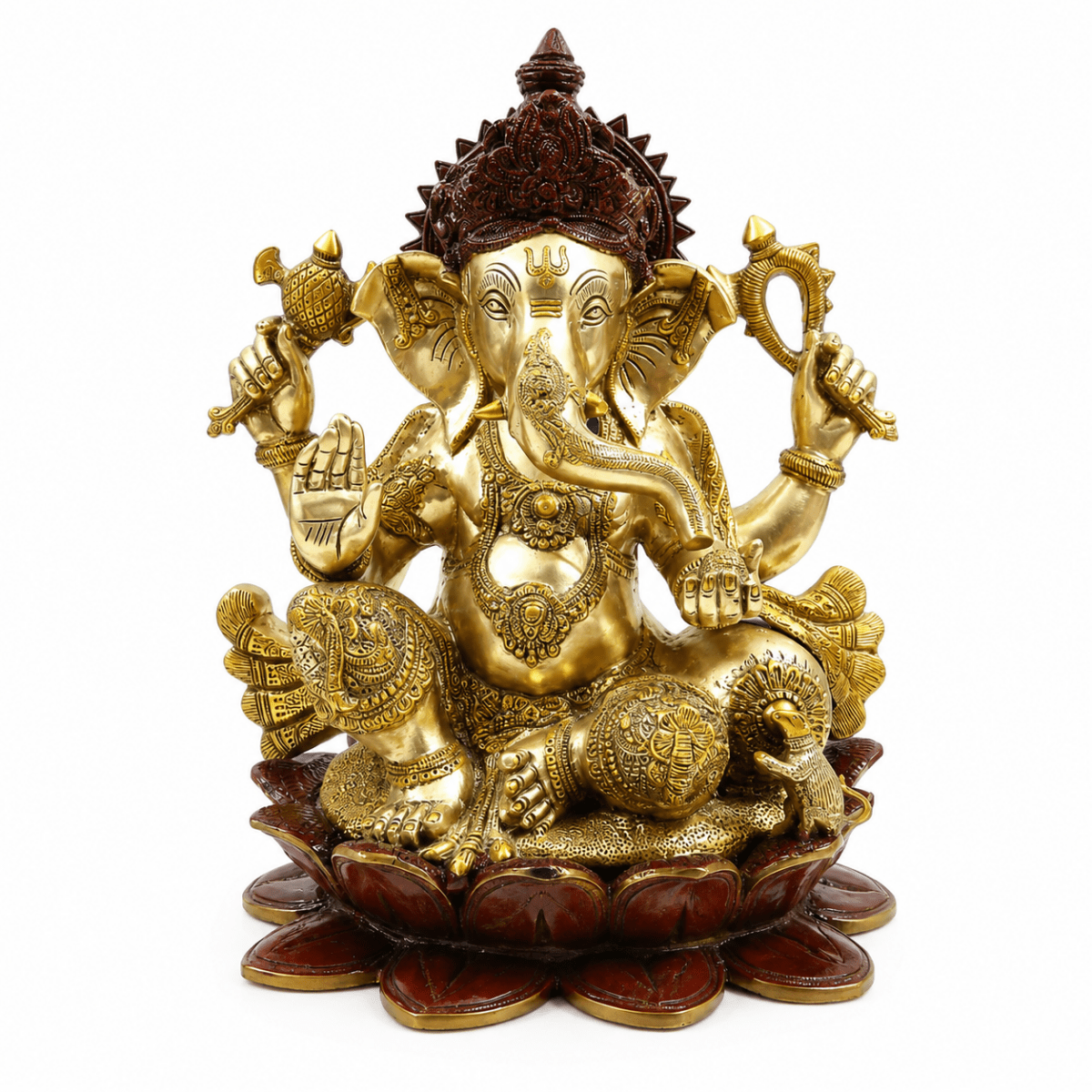 Large Brass Lord Ganesha Seated on Lotus Handmade in India - Exotic Triple Chola - Royalstuffs.com