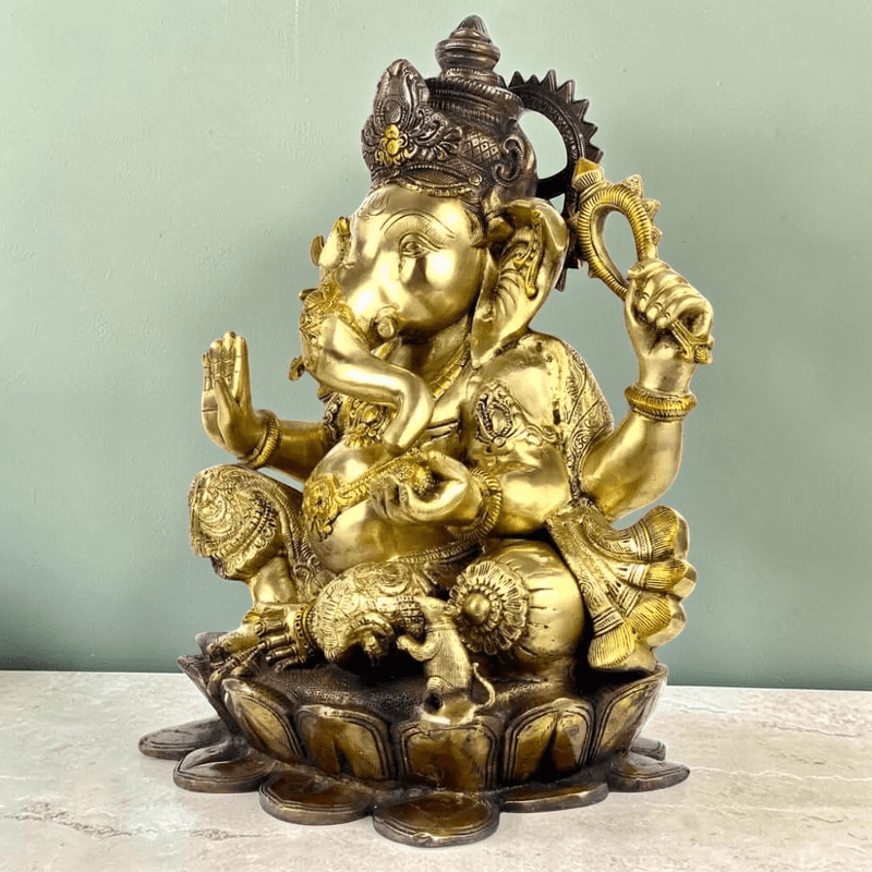 Large Brass Lord Ganesha Seated on Lotus Handmade in India - Exotic Triple Chola - Royalstuffs.com
