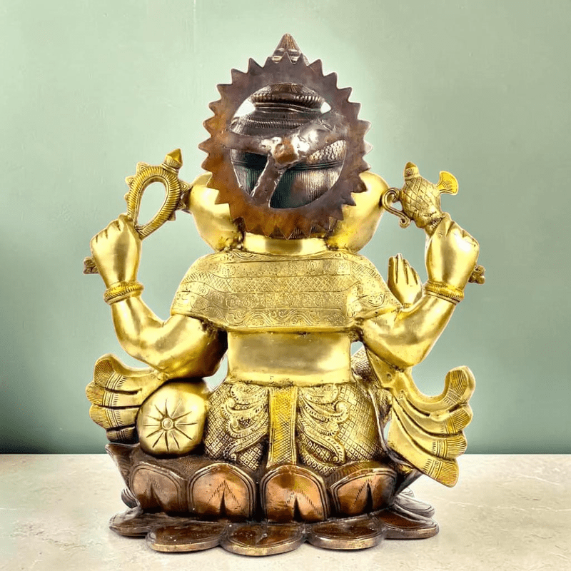 Large Brass Lord Ganesha Seated on Lotus Handmade in India - Exotic Triple Chola - Royalstuffs.com