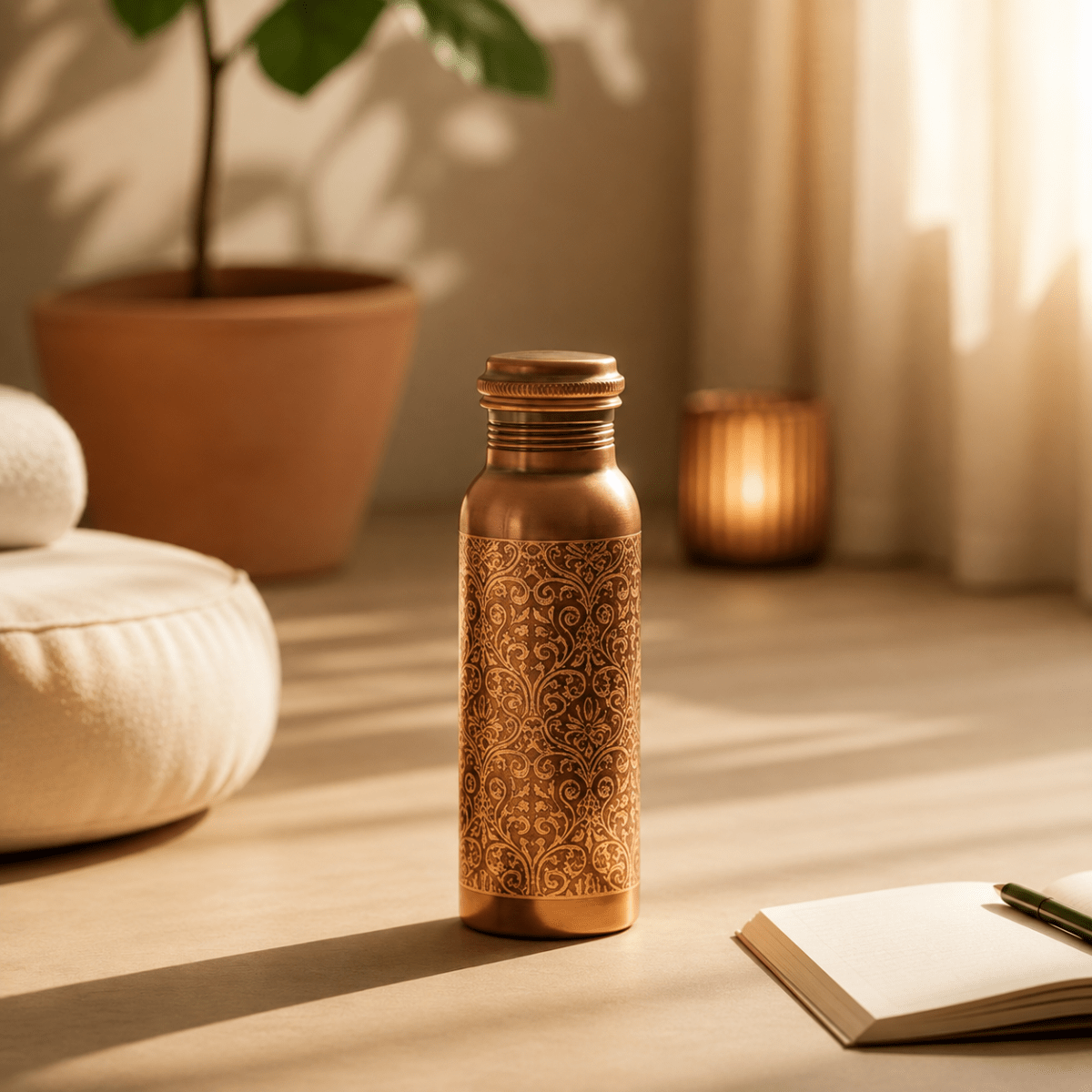 Laser Etching Antique Pure Copper Water Bottle - 1 Liter - Royalstuffs.com