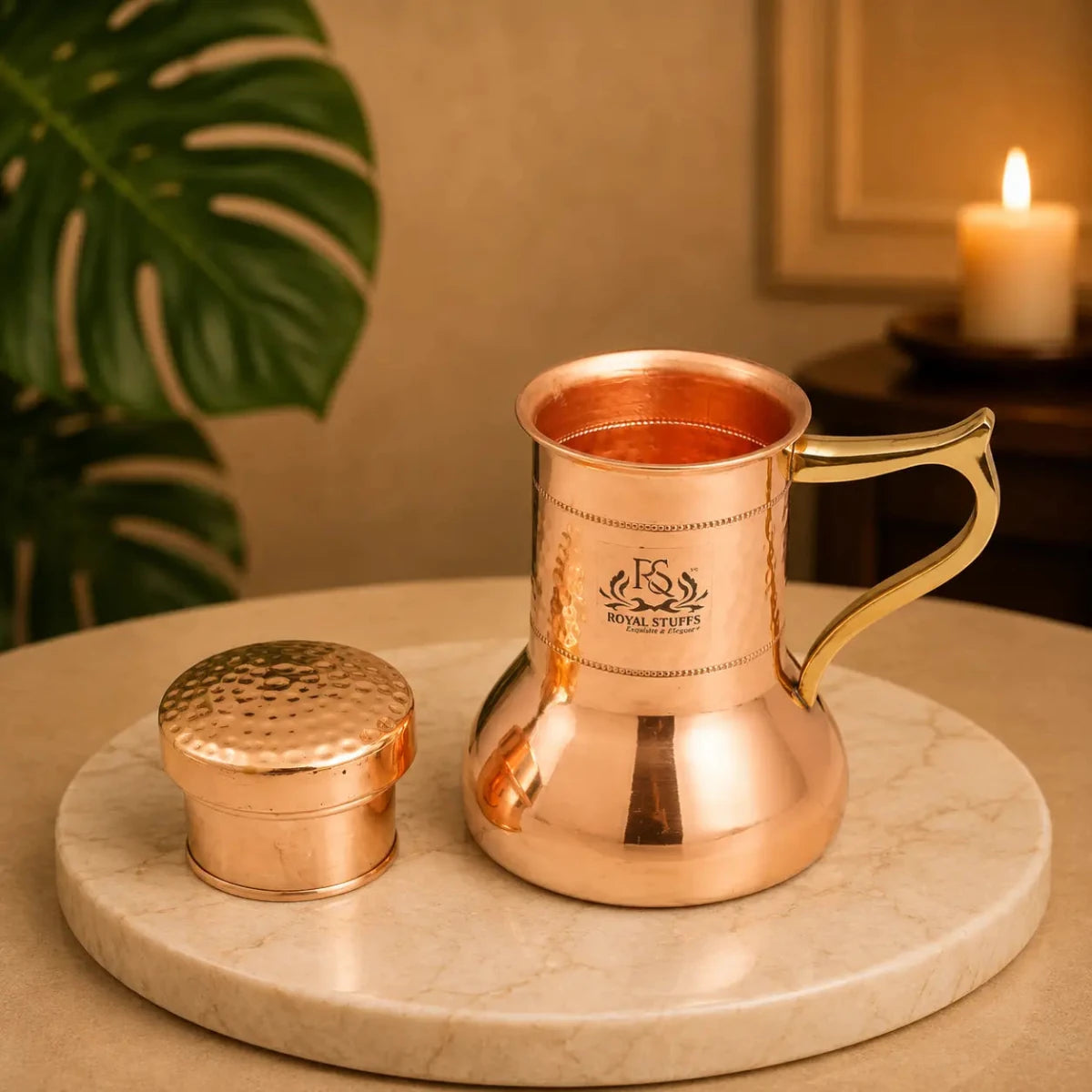 Lily Pot Copper Water Jug Inbuilt Glass Antique Elegant Design (1000 ML) - Royalstuffs.com