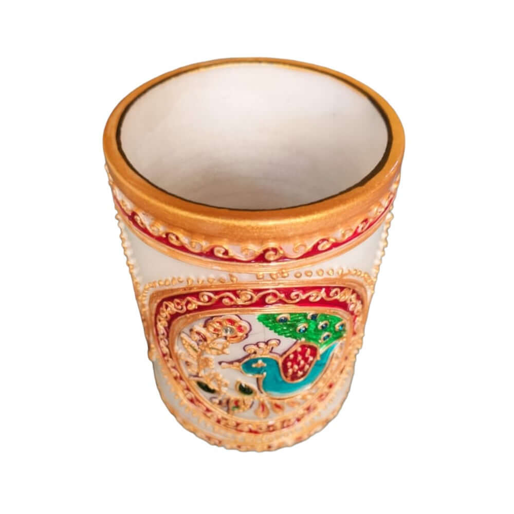 Little India Gold Meenakari Mayur Design White Marble Pen Stand, White,Weight:365 Gram - Royalstuffs.com