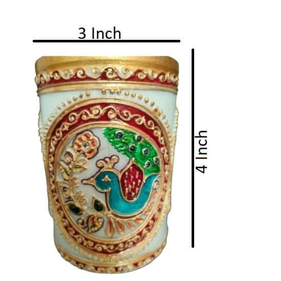 Little India Gold Meenakari Mayur Design White Marble Pen Stand, White,Weight:365 Gram - Royalstuffs.com