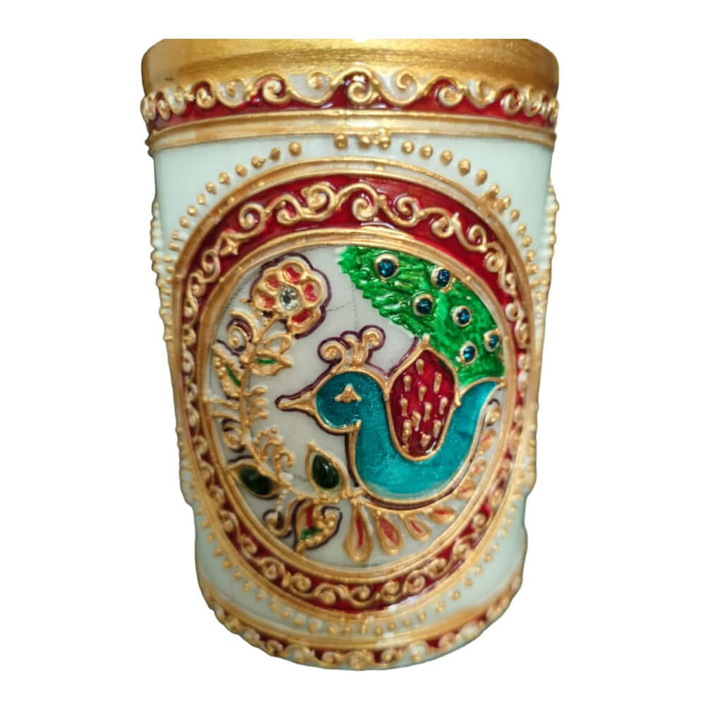 Little India Gold Meenakari Mayur Design White Marble Pen Stand, White,Weight:365 Gram - Royalstuffs.com