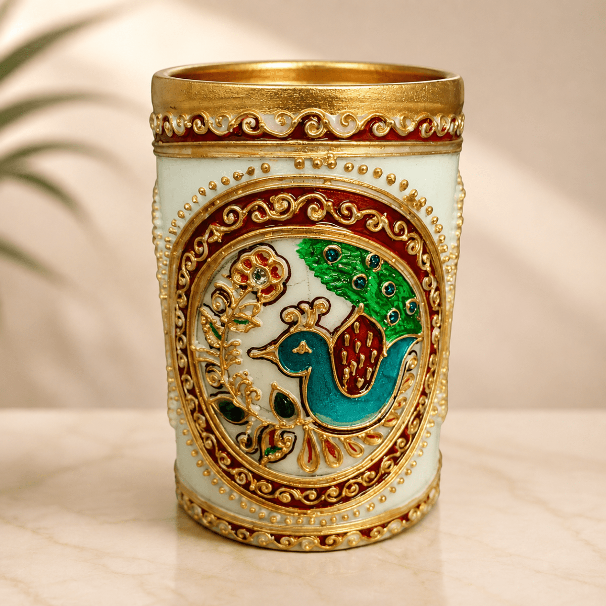 Little India Gold Meenakari Mayur Design White Marble Pen Stand, White,Weight:365 Gram - Royalstuffs.com