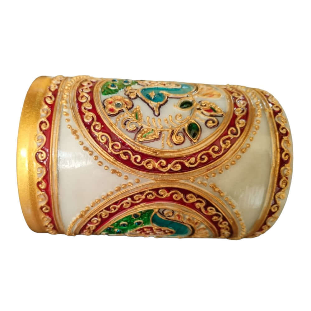 Little India Gold Meenakari Mayur Design White Marble Pen Stand, White,Weight:365 Gram - Royalstuffs.com