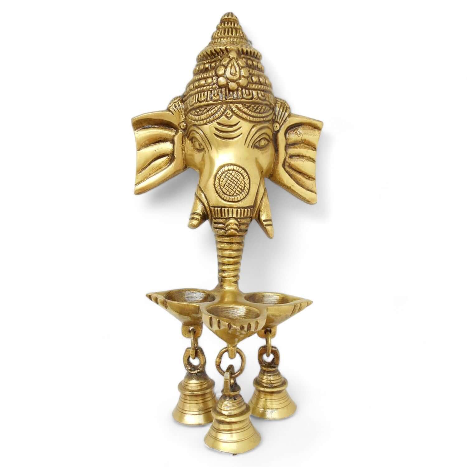 Lord Ganesha Face Three Wicks Oil Hanging Lamp with 3 Bells - Royalstuffs.com