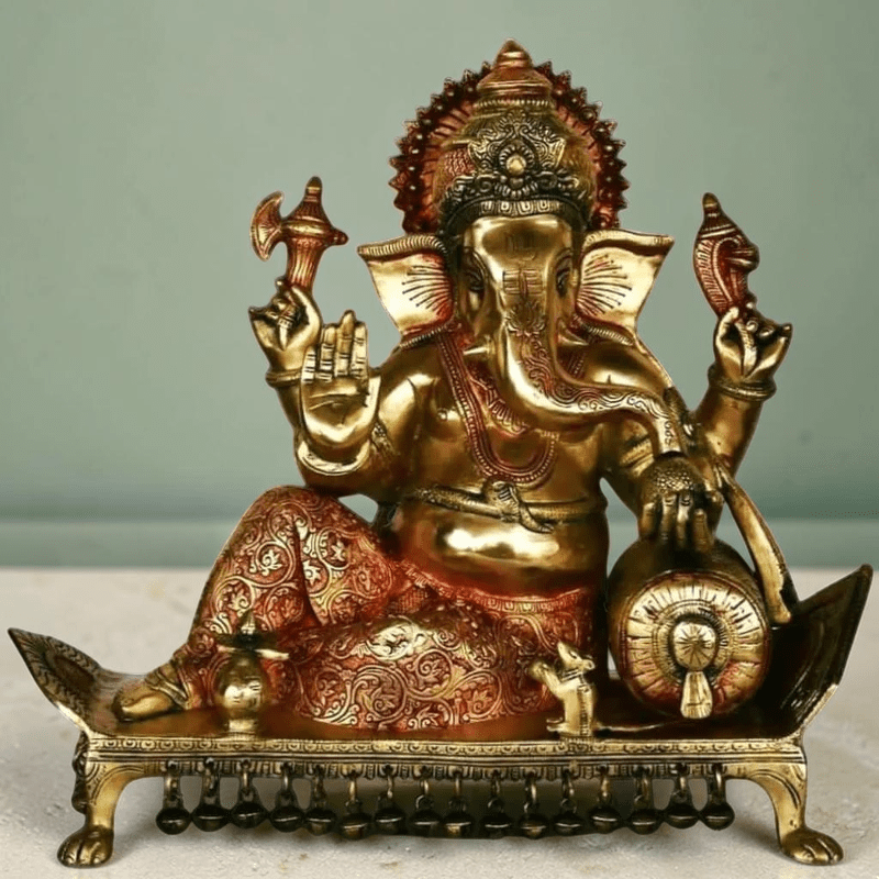 Lord Ganesha Seated on Chowki Figurine Exotic India Finish Height:15",Weiht:14.5 Kg. - Royalstuffs.com
