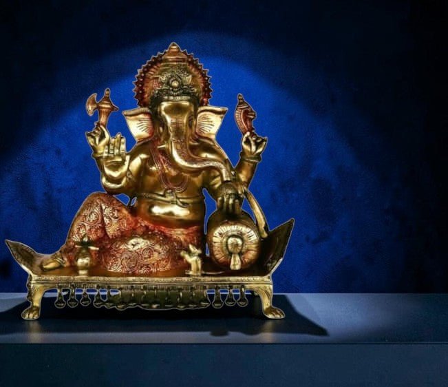 Lord Ganesha Seated on Chowki Figurine Exotic India Finish Height:15",Weiht:14.5 Kg. - Royalstuffs.com