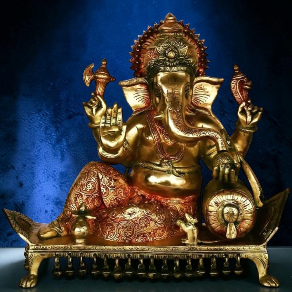 Lord Ganesha Seated on Chowki Figurine Exotic India Finish Height:15",Weiht:14.5 Kg. - Royalstuffs.com