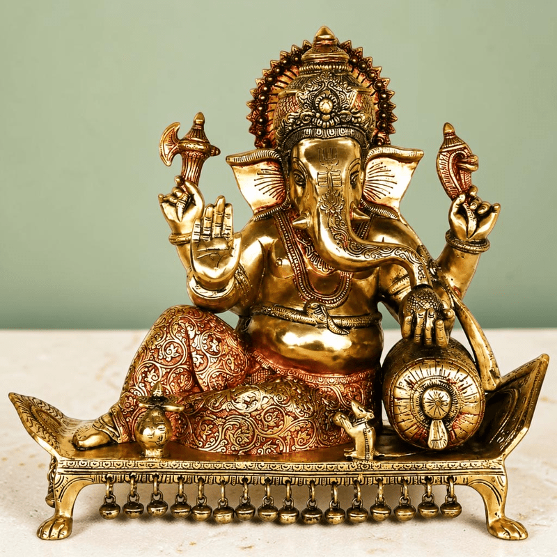Lord Ganesha Seated on Chowki Figurine Exotic India Finish Height:15",Weiht:14.5 Kg. - Royalstuffs.com