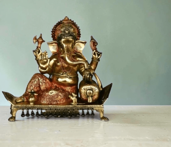 Lord Ganesha Seated on Chowki Figurine Exotic India Finish Height:15",Weiht:14.5 Kg. - Royalstuffs.com