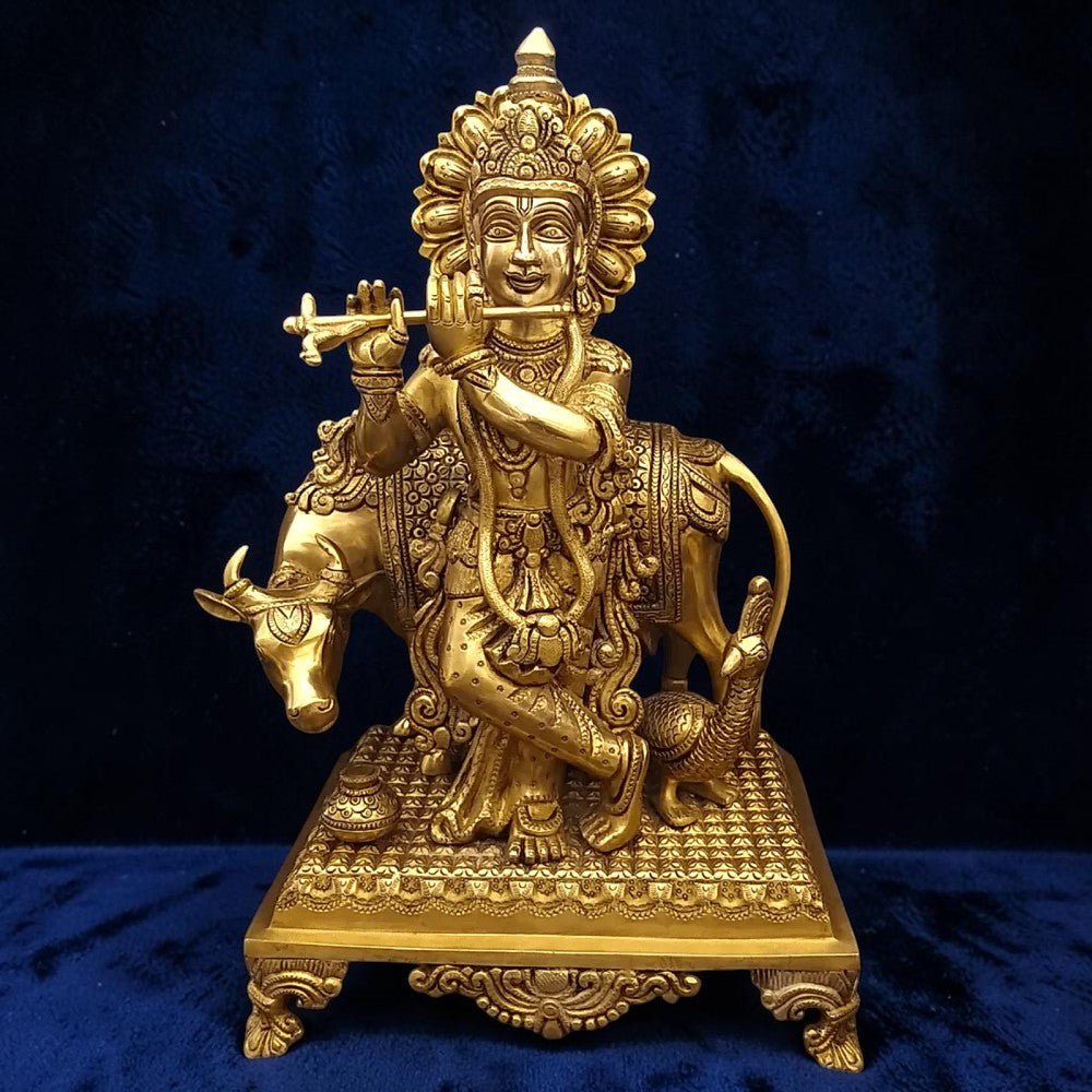 Lord Krishna Brass Statue with Cow,Height:16 Inch,Width:9 Inch,Weight:9 Kg - Royalstuffs.com