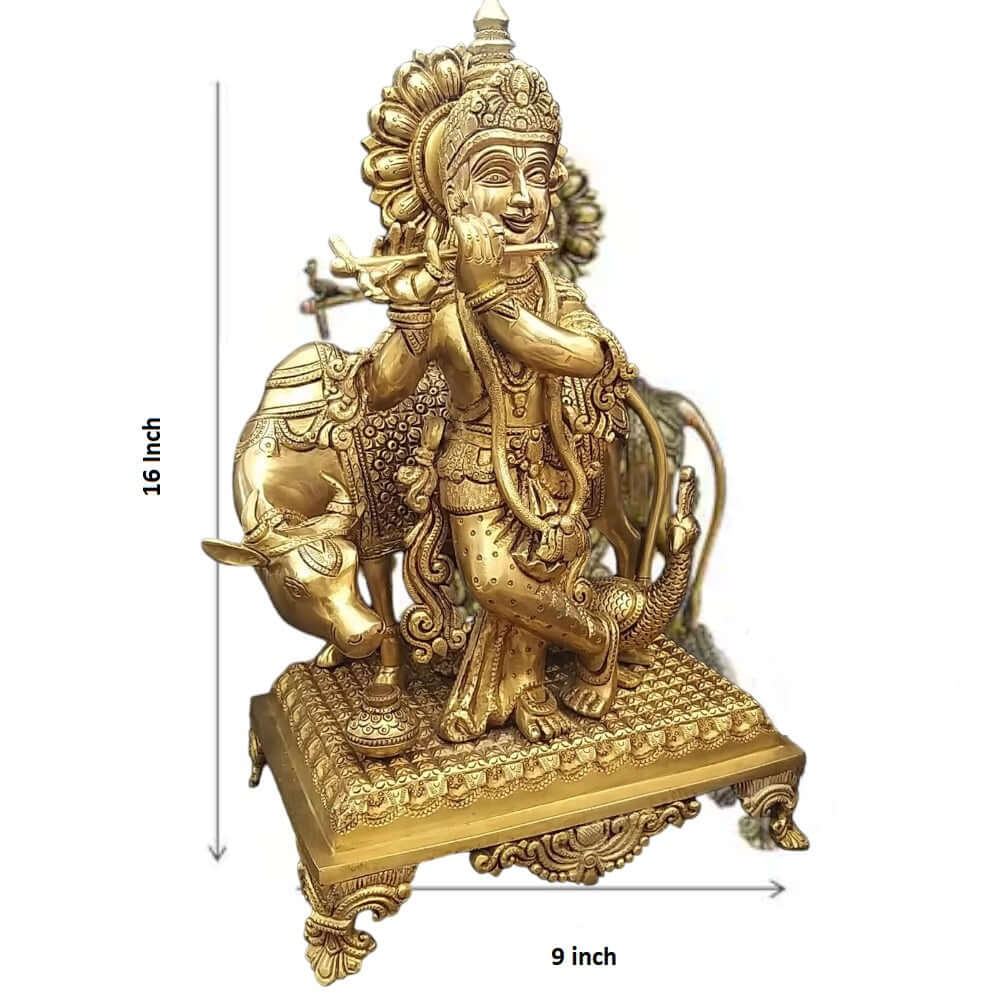 Lord Krishna Brass Statue with Cow,Height:16 Inch,Width:9 Inch,Weight:9 Kg - Royalstuffs.com