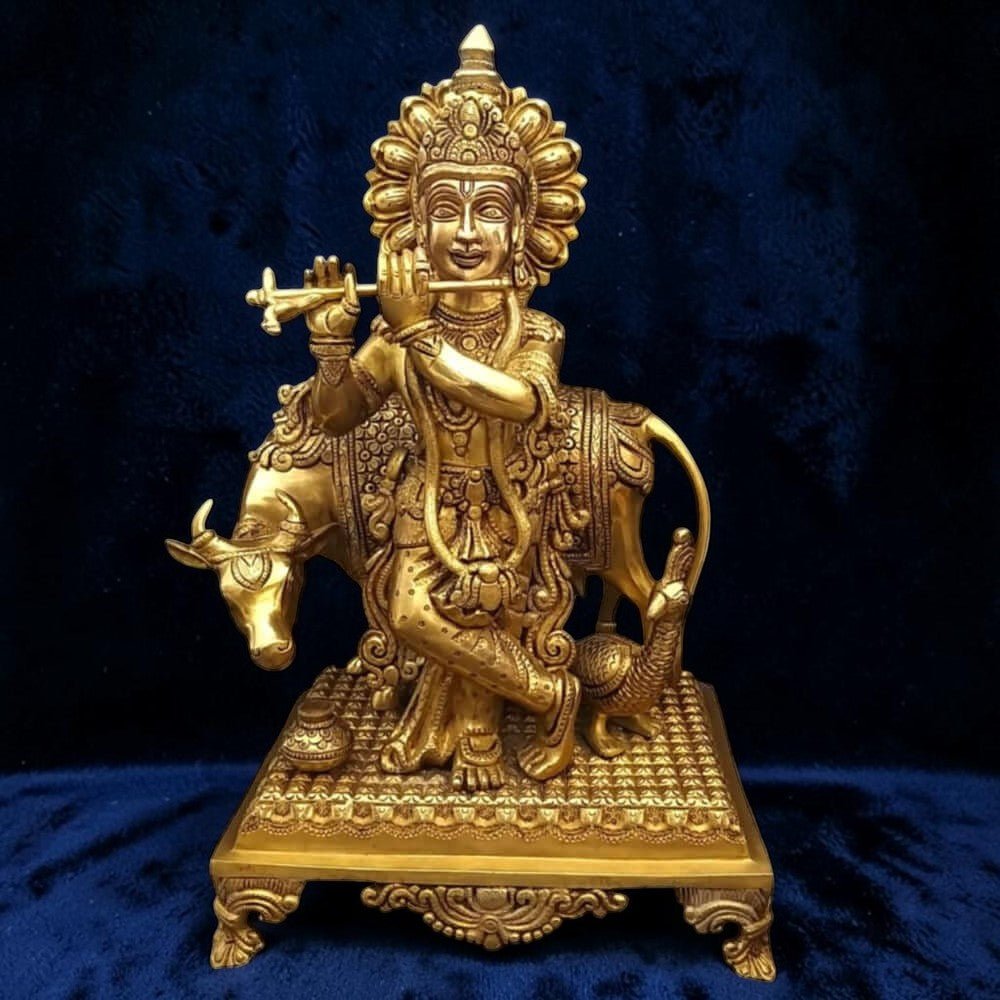 Lord Krishna Brass Statue with Cow,Height:16 Inch,Width:9 Inch,Weight:9 Kg - Royalstuffs.com