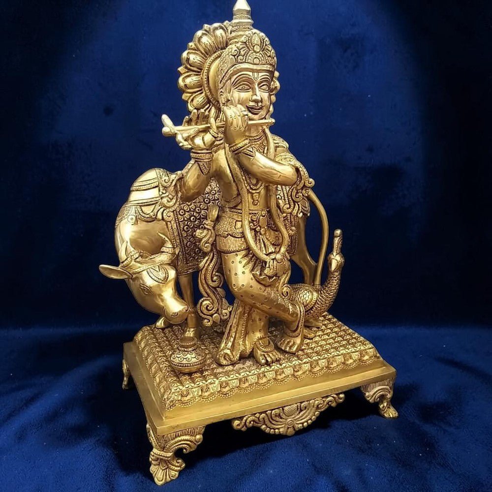 Lord Krishna Brass Statue with Cow,Height:16 Inch,Width:9 Inch,Weight:9 Kg - Royalstuffs.com