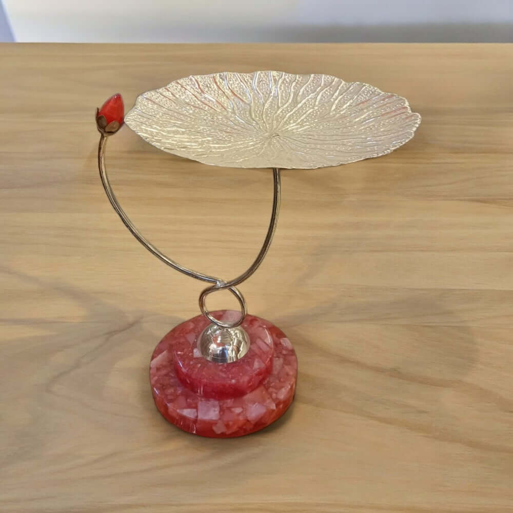 Lotus Leaf Platter with Resin Base and Metal Platter - 12 Inch Height - Royalstuffs.com
