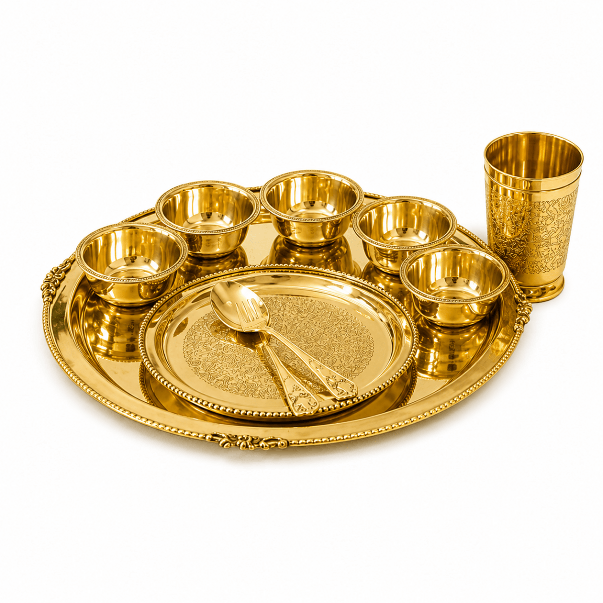 Maharaja 10 Pcs Brass Dinner Set – Etched Gold Pital Dinnerware - Royalstuffs.com